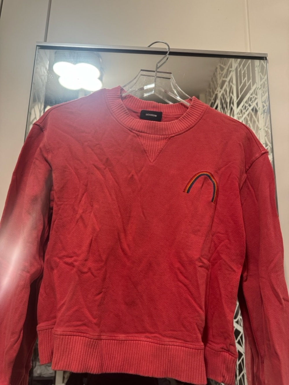 Monrow Coral Crewneck Sweatshirt with Rainbow Accent
